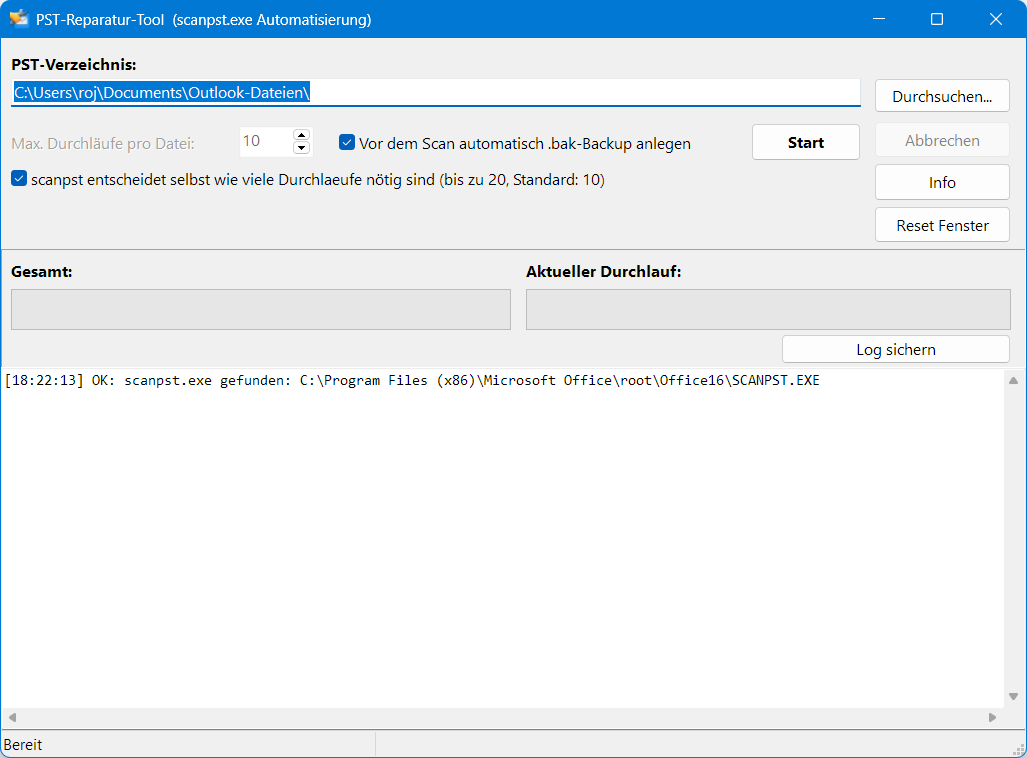 PST-Reparatur-Tool Screenshot – Hauptfenster mit Dateiliste